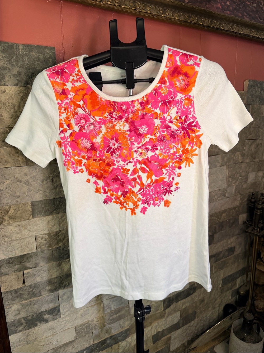 White Stag White Pink Orange Floral Print Ribbed Knit T-Shirt Tee Top Size M